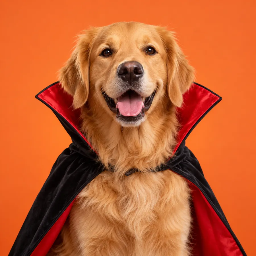 Golden retriever wearing a black and red vampire cape