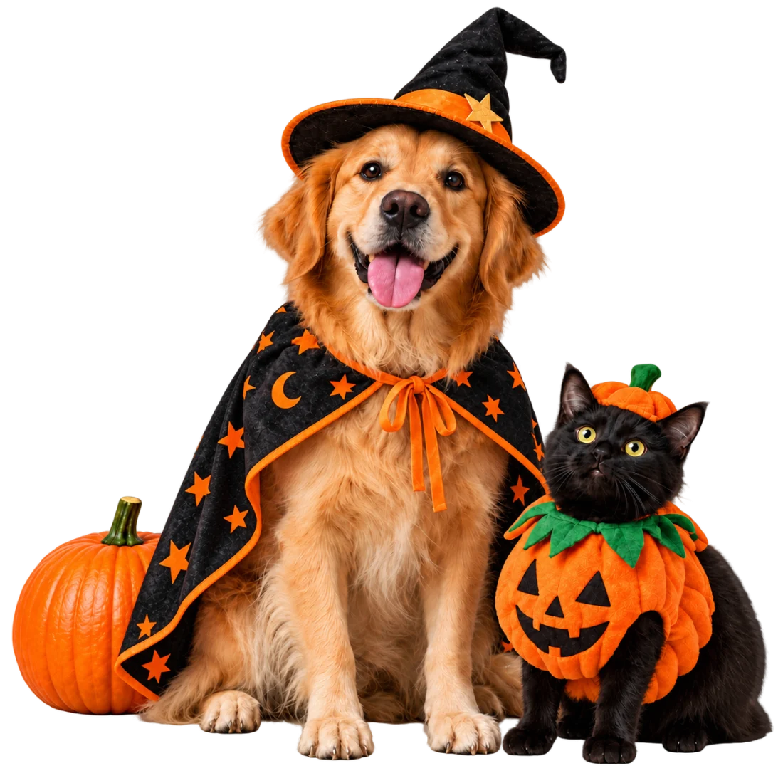 Golden retriever in a black and orange witch costume beside a black cat dressed as a pumpkin