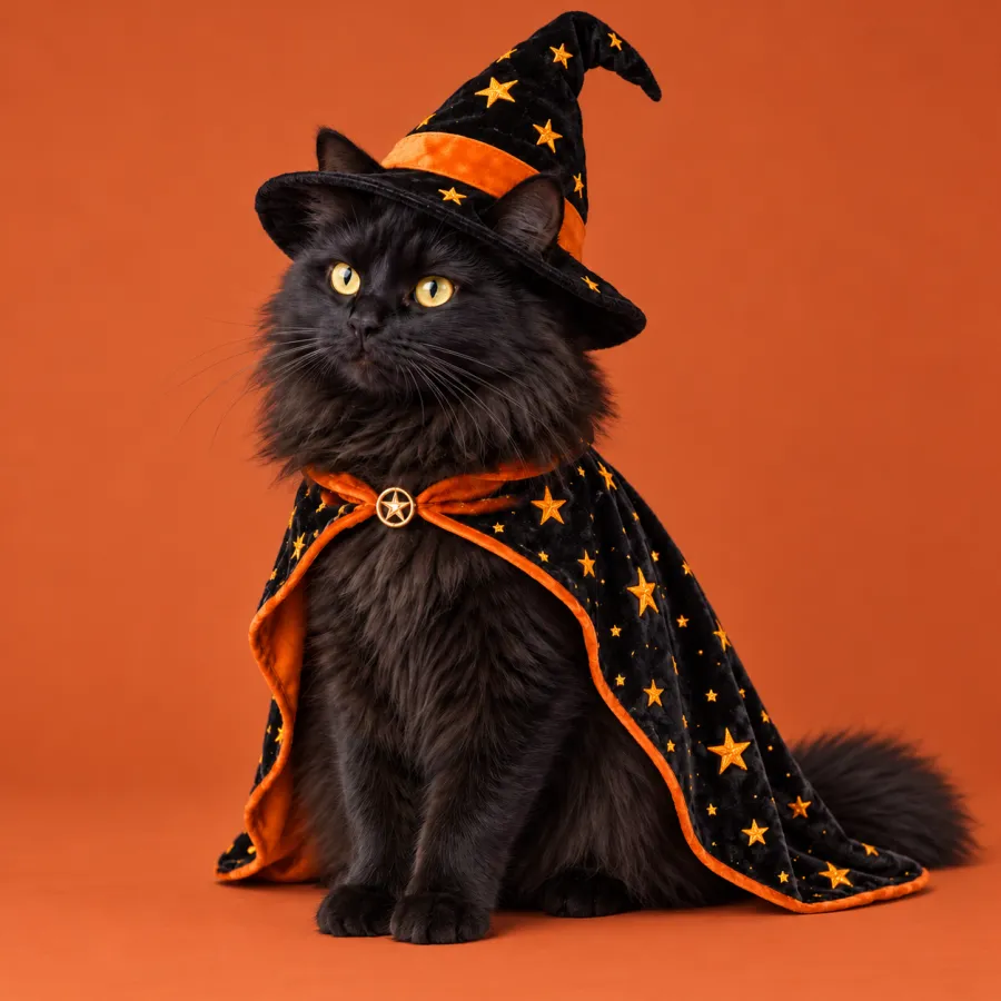 Black cat wearing a black and orange wizard hat and cape