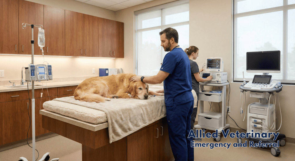 Veterinary oncology team monitors a dog receiving treatment on a padded table with IV support in a clinical care room.