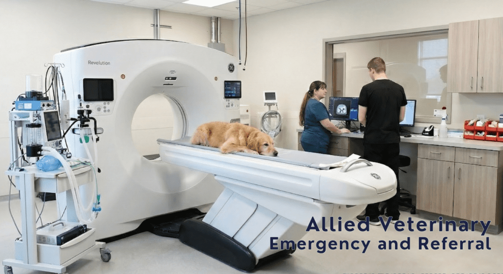 Dog lies on a CT scanner table while veterinary staff review imaging screens in a clinical treatment room.