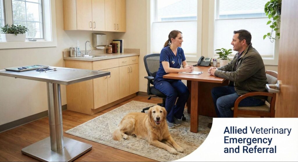 Veterinarian consults with a pet owner in an exam room while a golden retriever rests calmly on the floor.