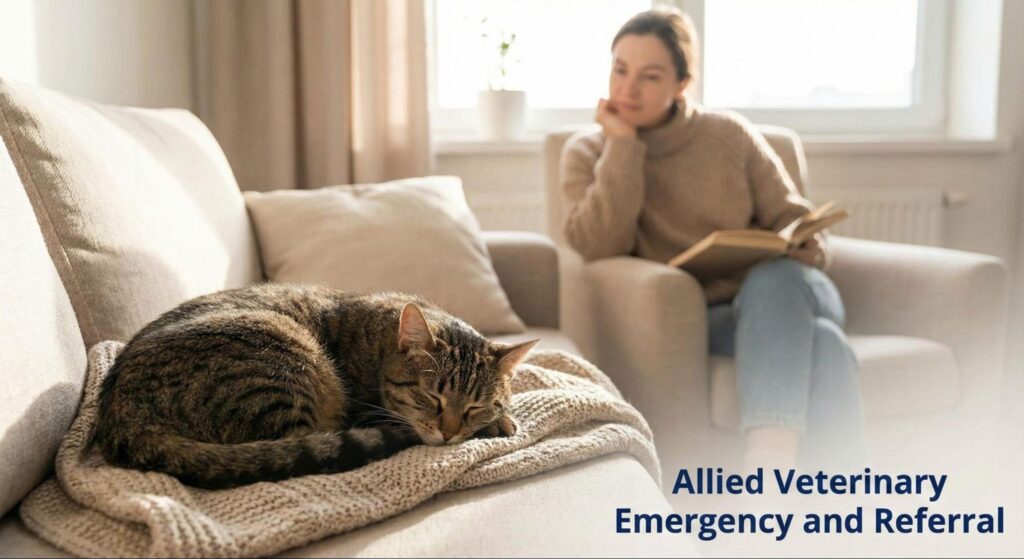 Cat sleeps on a blanket on a sofa while its owner watches nearby, suggesting calm home care during ongoing medical treatment.