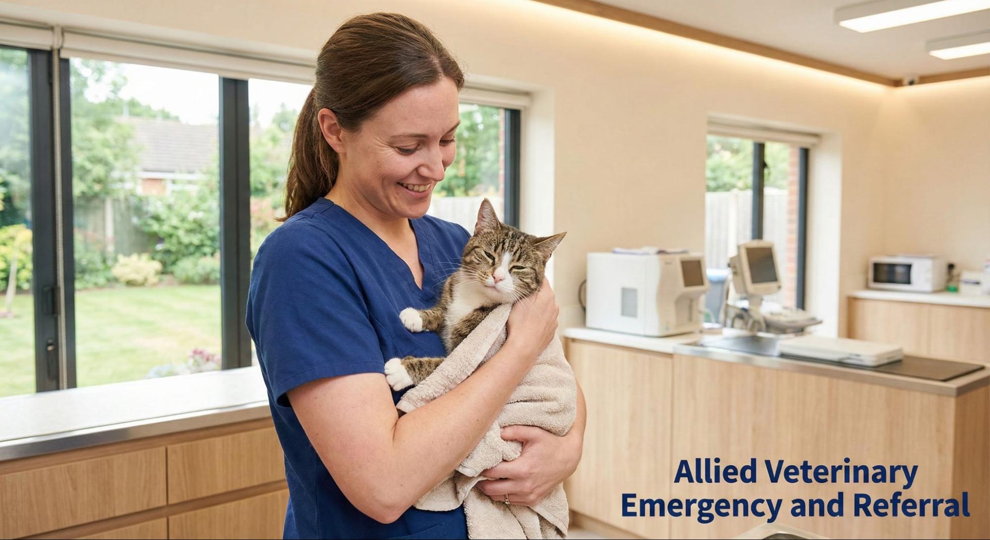 Veterinary technician smiles while holding a calm cat wrapped in a towel inside a bright, modern clinic.
