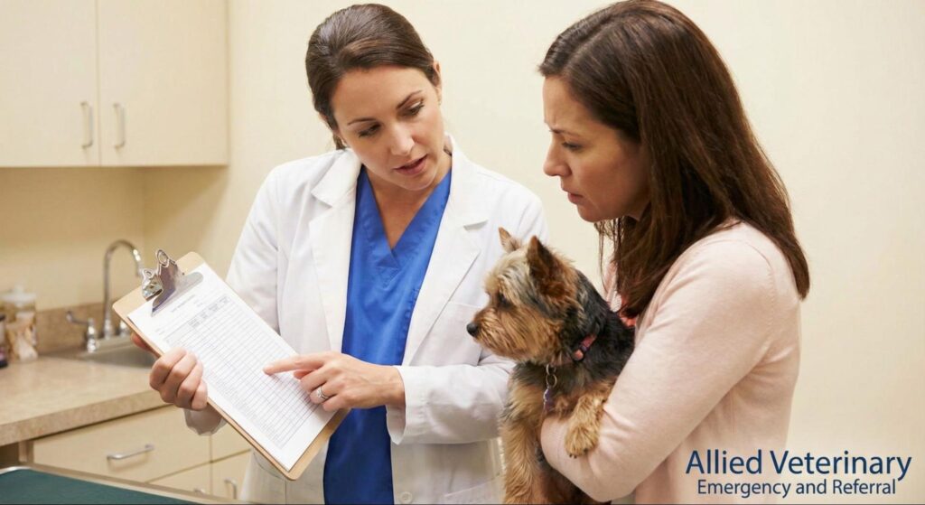 Veterinarian reviews a medical chart with a pet owner holding a small dog inside an exam room.
