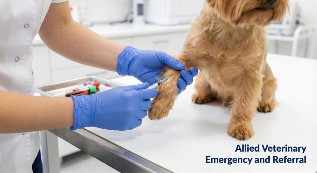 Veterinary professional draws a blood sample from a small dog’s leg during an exam on a clinic treatment table.