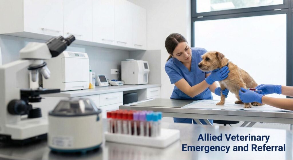 Veterinary staff examine a small dog on an exam table while another technician prepares a blood sample in a modern clinic.