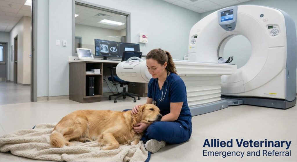 Veterinary technician comforts a dog resting on a blanket beside a CT scanner in a clean imaging room.