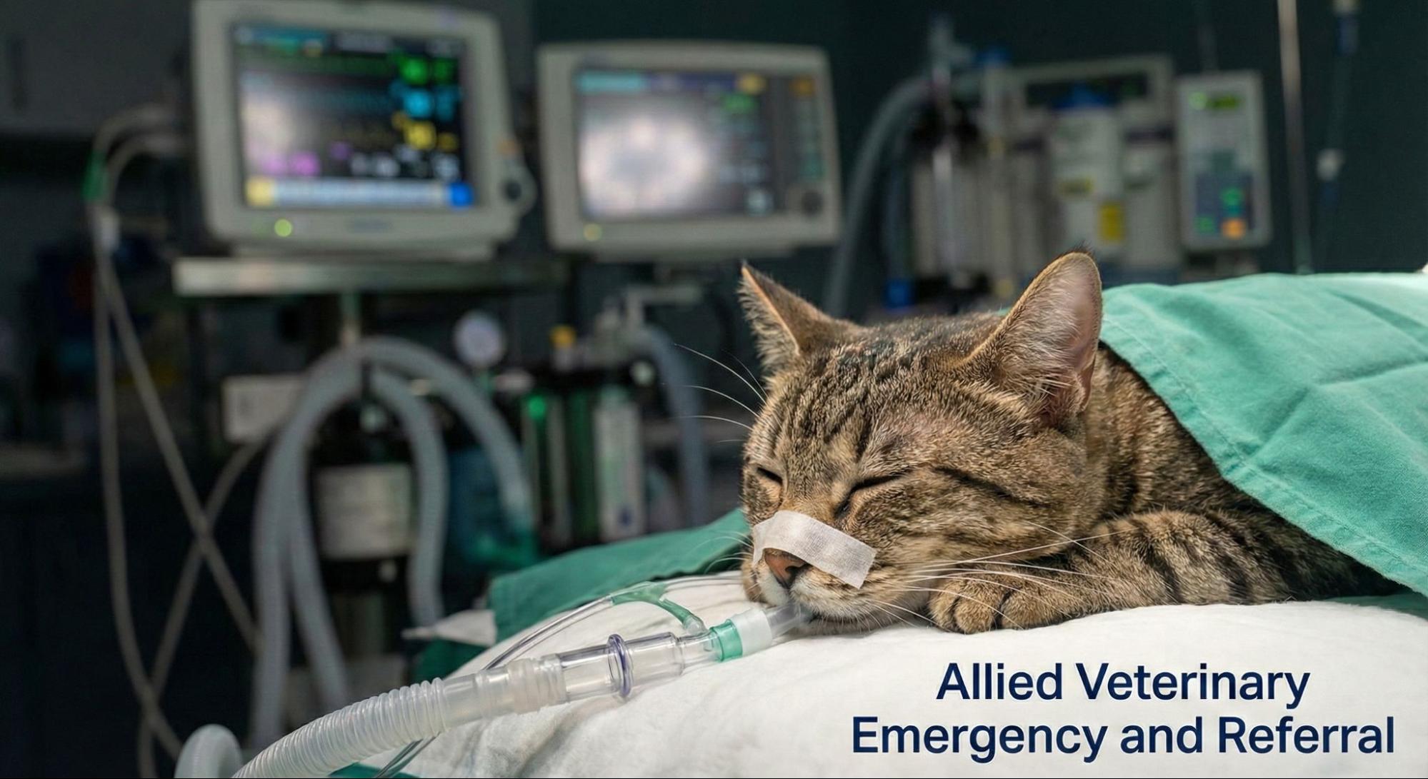 Cat under anesthesia with a breathing tube, resting on a surgical table in a specialty veterinary operating room.
