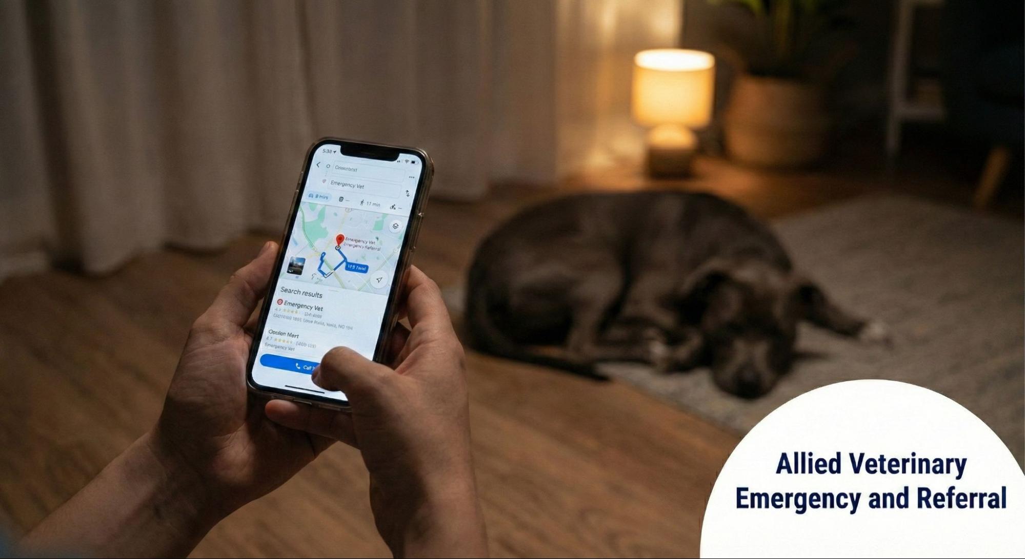 Person using a phone to find an emergency animal hospital at night while their sick dog lies nearby.