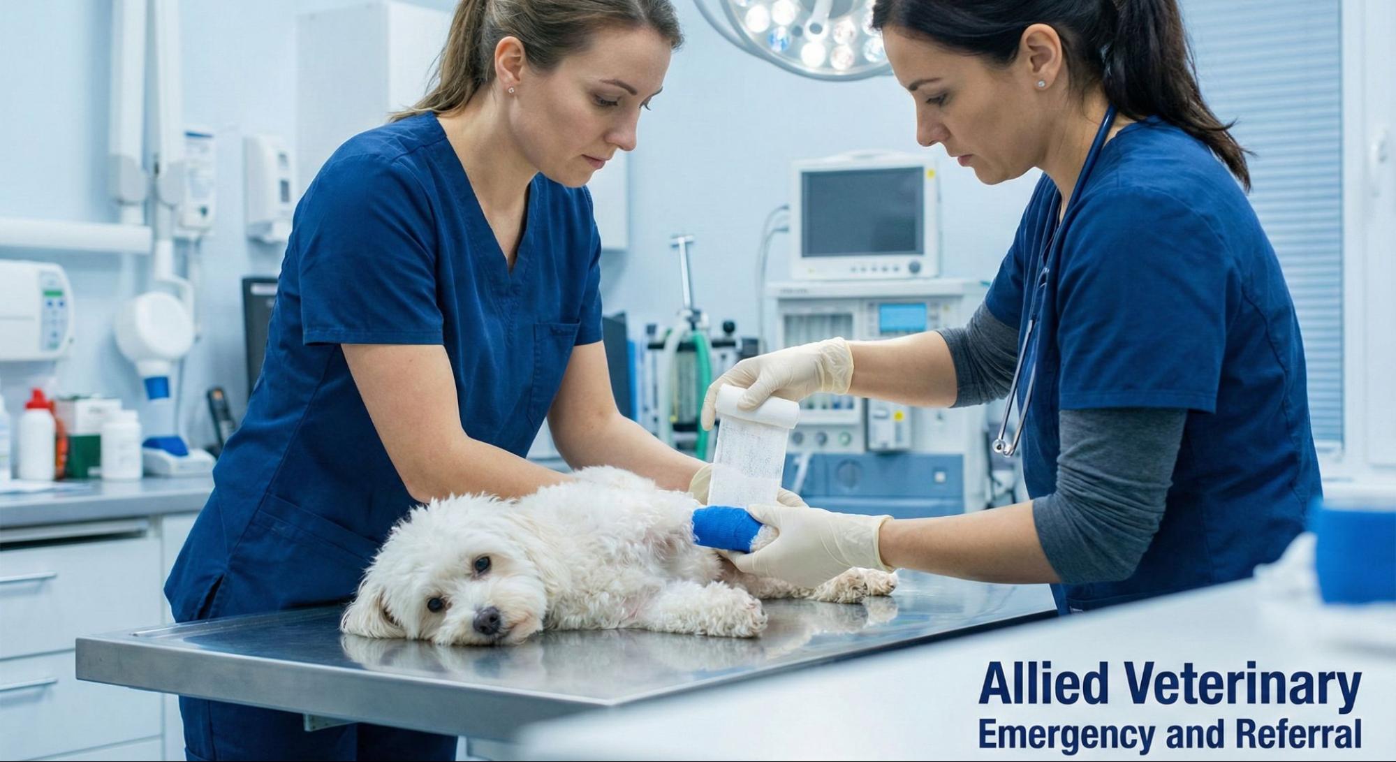 Veterinary staff treating an injured dog on an exam table, illustrating signs that a pet may need emergency veterinary care.