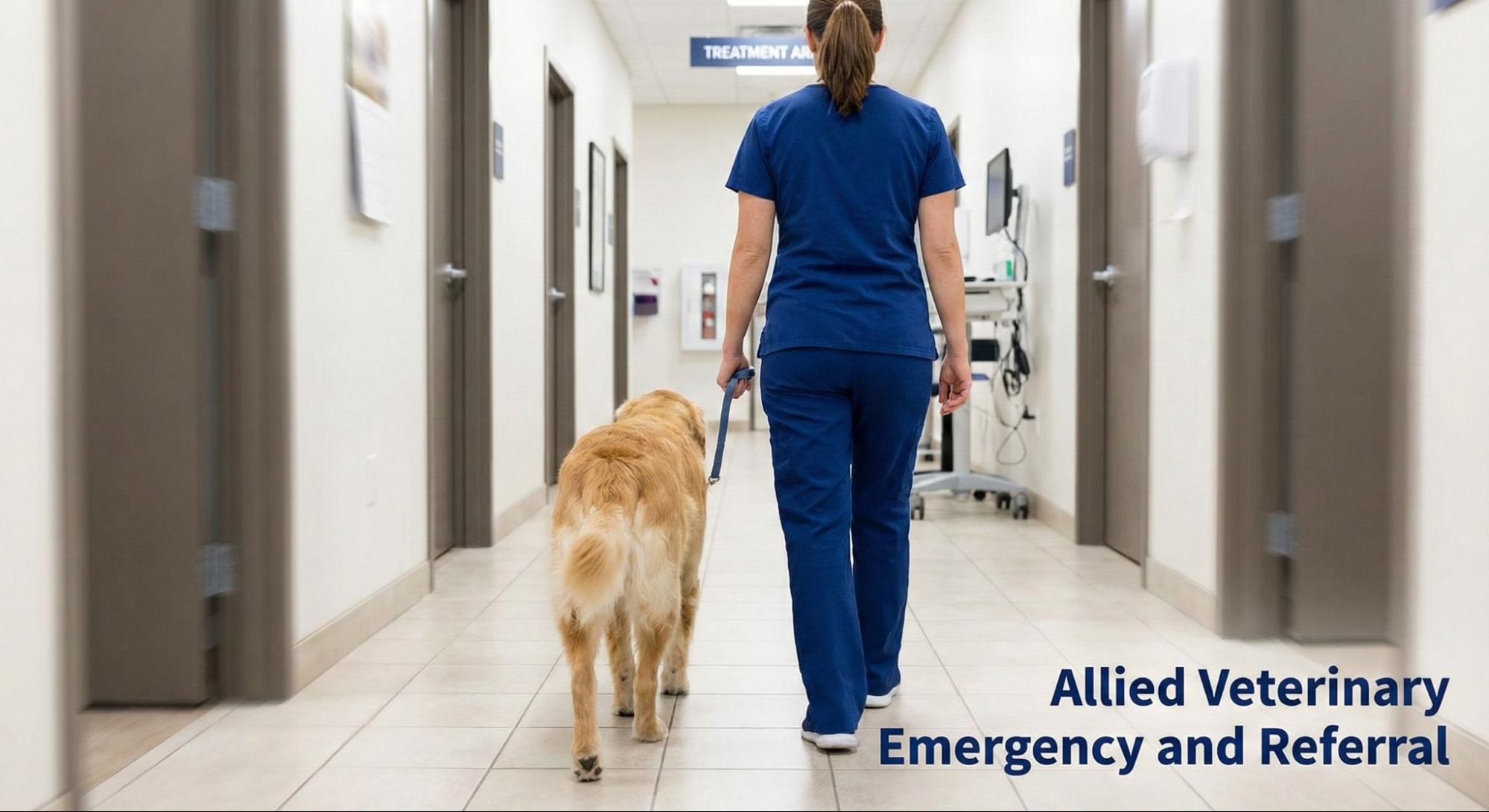 Veterinary staff member walking a dog down a clinic hallway toward the treatment area during an emergency vet visit.