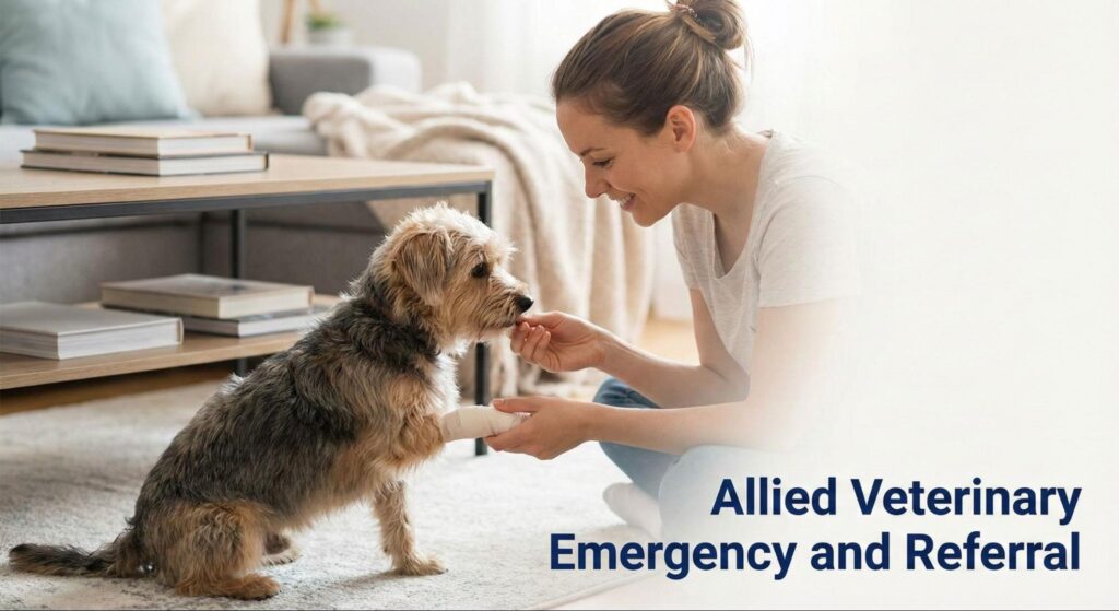 A woman gently gives a treat to her small dog at home while holding its bandaged paw during post-surgery recovery.