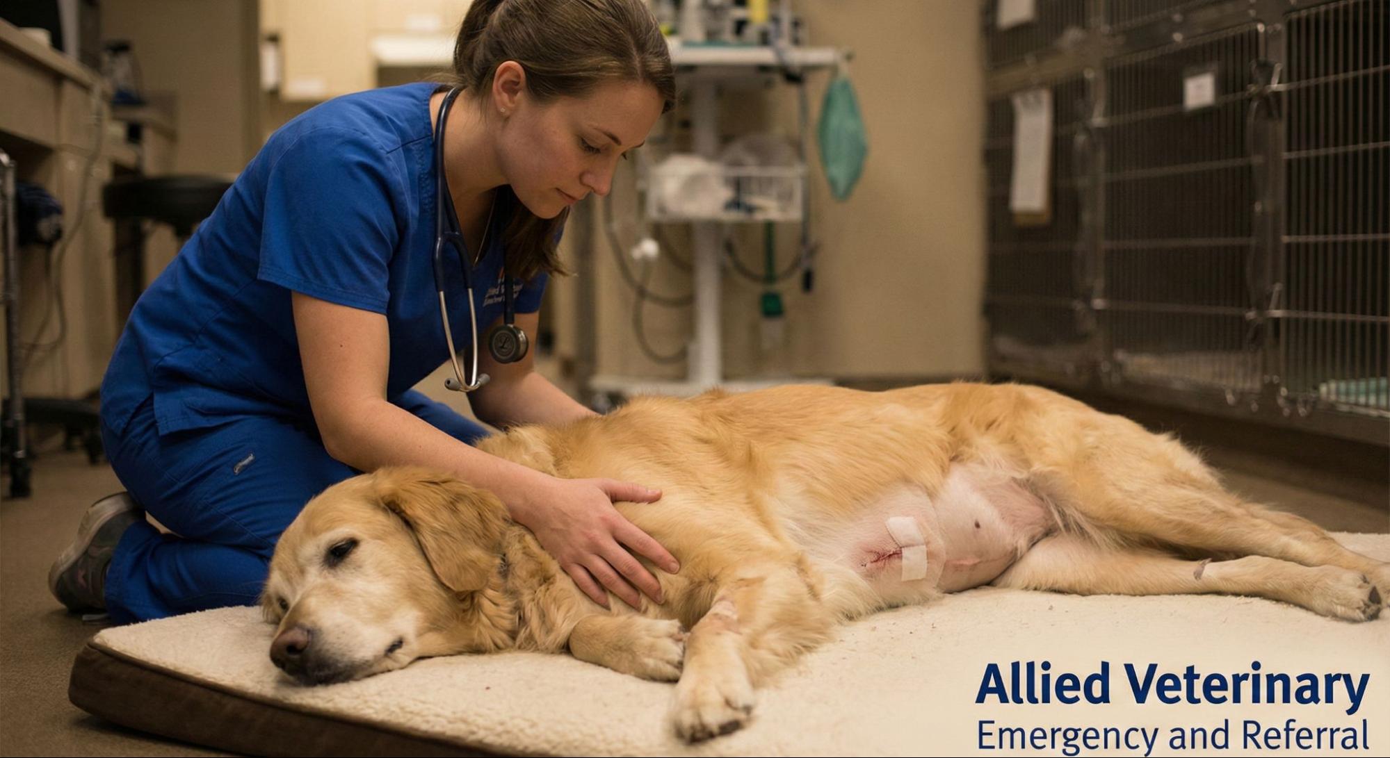 Veterinary staff monitoring a dog resting on a recovery bed after surgery, checking comfort and healing in a clinic setting.