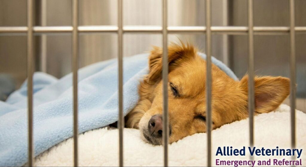 Dog resting under a blanket in a veterinary ICU kennel, recovering comfortably after emergency care.