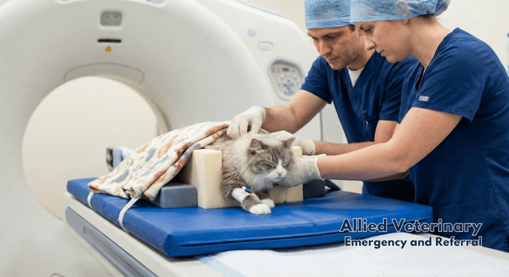 A calm cat is prepared for advanced imaging as part of a diagnostic evaluation in a specialty clinic.