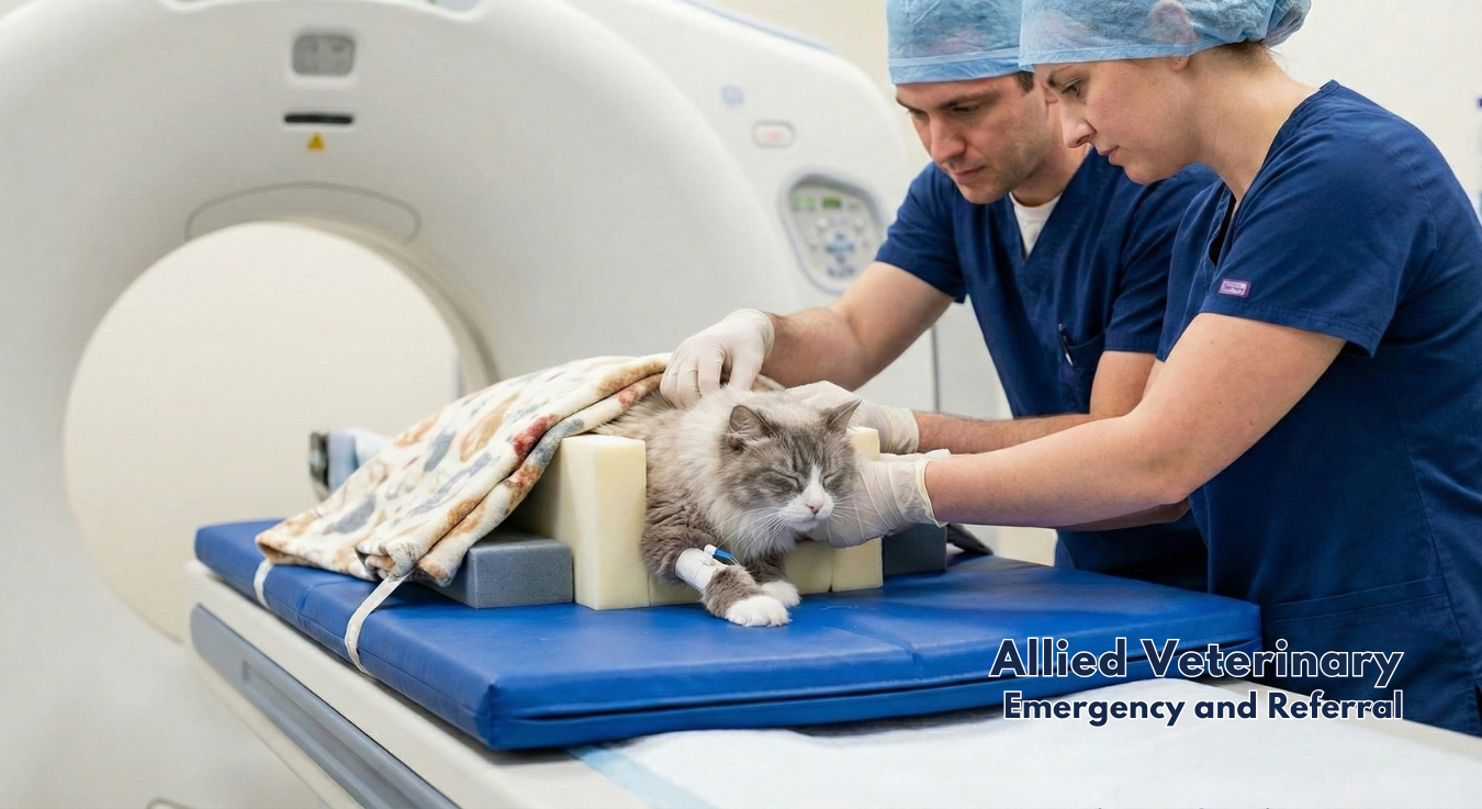 A calm cat is prepared for advanced imaging as part of a diagnostic evaluation in a specialty clinic.