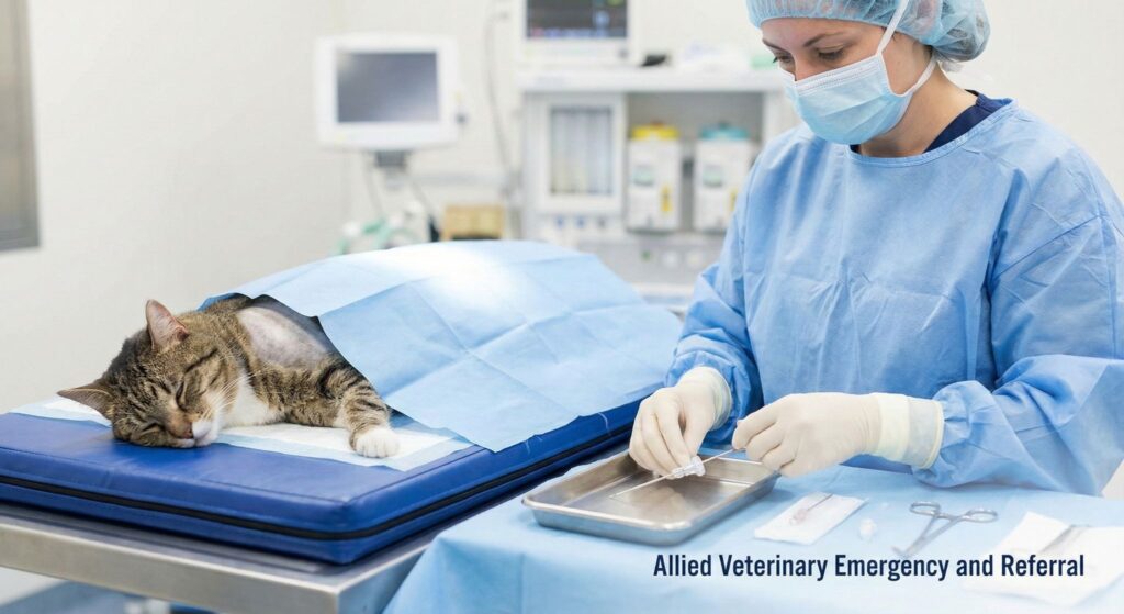 A doctor prepares biopsy instruments while a sedated cat rests on a padded table.