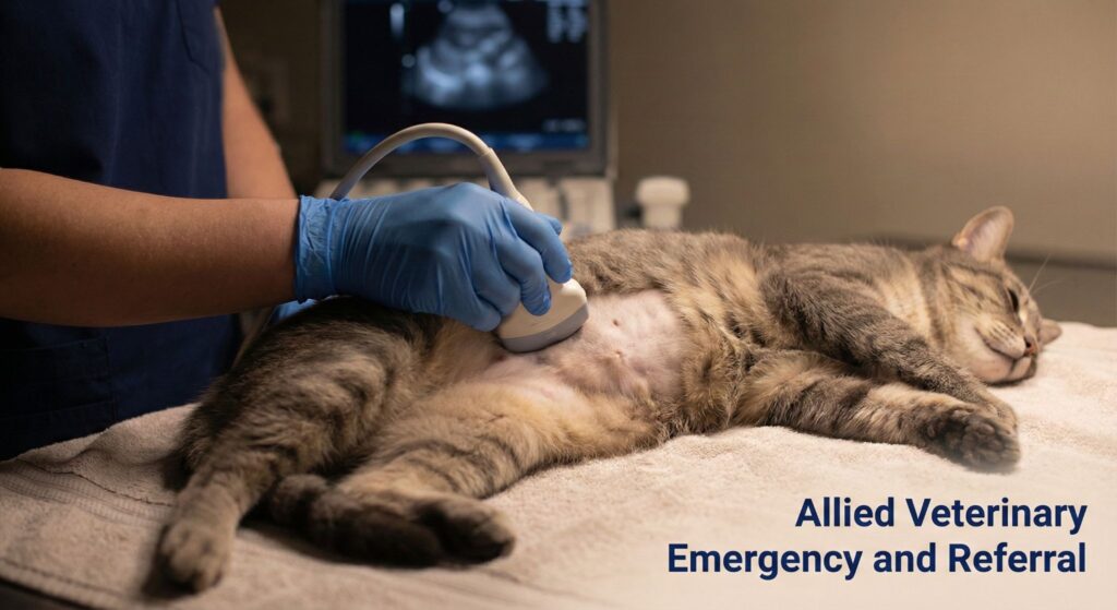 Ultrasound imaging being performed on a resting cat during diagnostic testing.