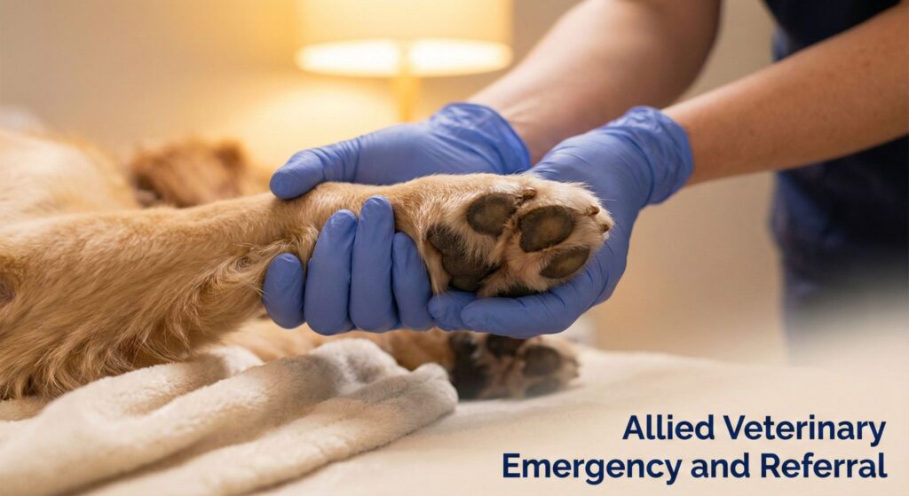 Gloved hands gently support a dog’s paw during a comfort-focused exam, showing careful pain management and compassionate care.