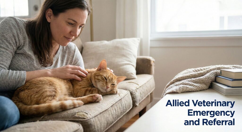 A pet owner gently comforts a relaxed cat at home while observing signs of pain.