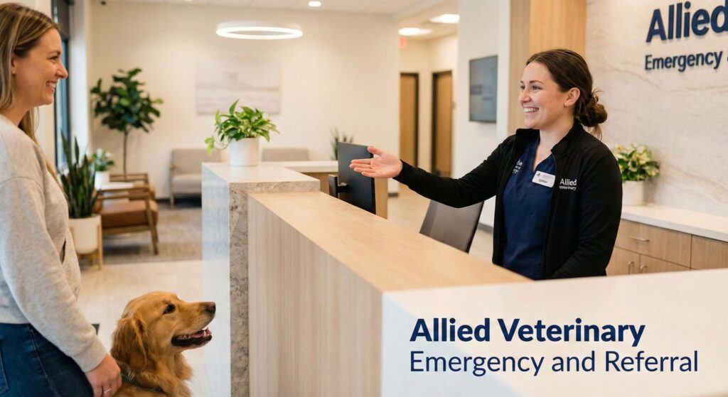 A pet owner and dog are welcomed at a clinic reception, marking the start of a supportive cancer treatment visit.
