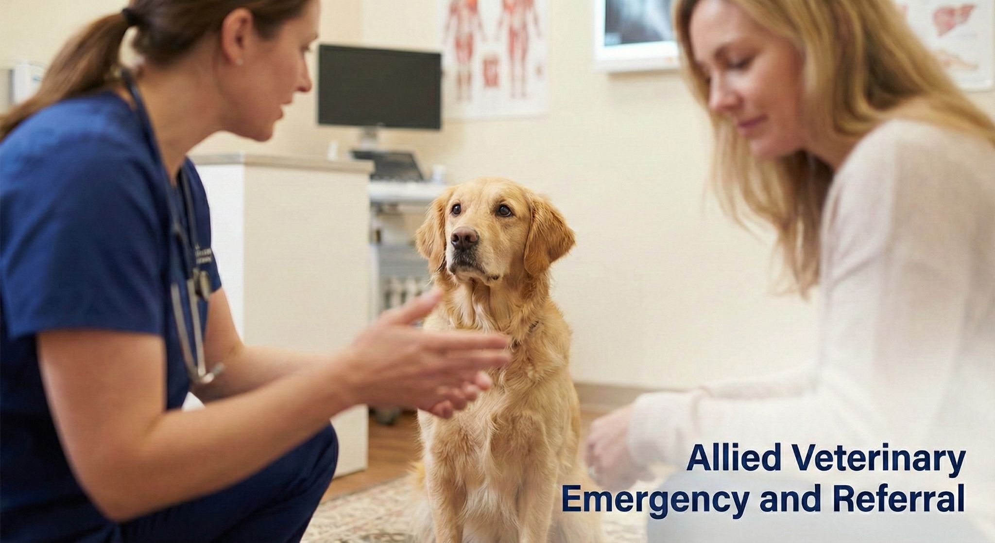 A calm dog sits attentively while a vet discusses care options with the pet owner during a clinic visit.