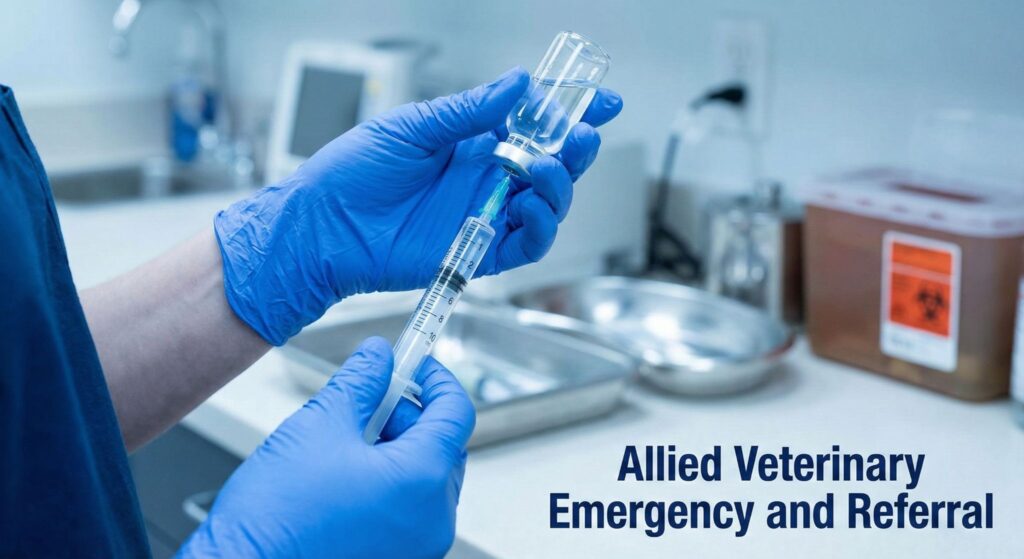Gloved hands prepare medication in a syringe, representing clinical treatment options used in pet cancer care.