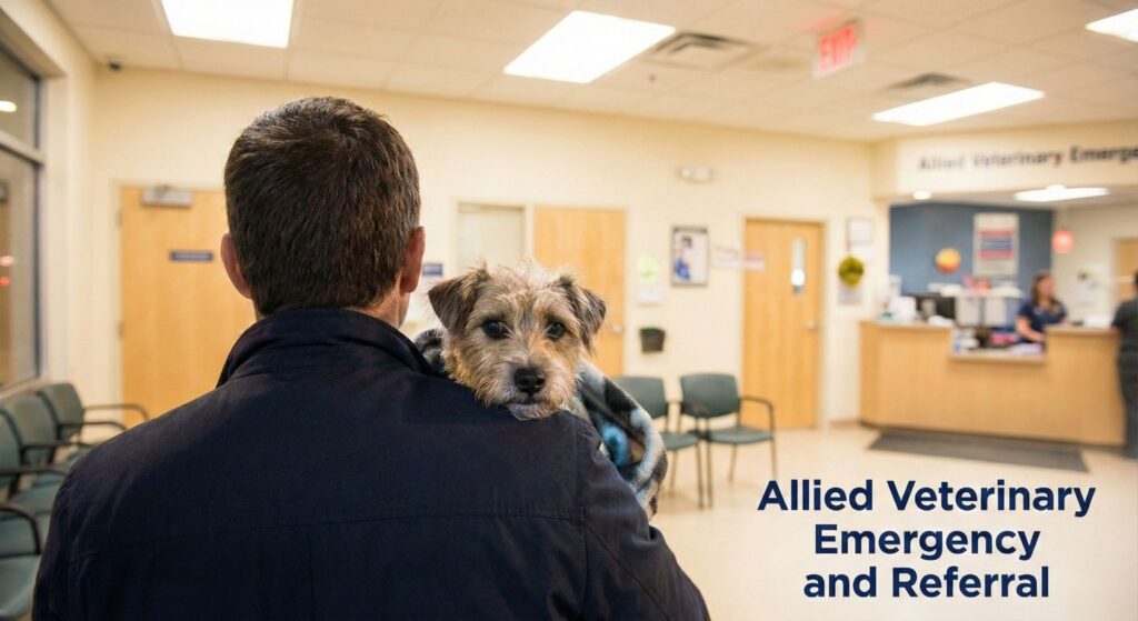 A small dog is held closely by its owner in a veterinary waiting area during an emergency visit.