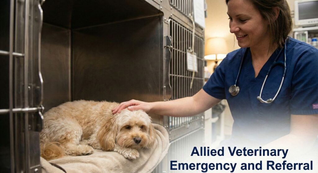 A veterinarian gently comforts a resting dog in a hospital kennel, offering reassurance during emergency care.