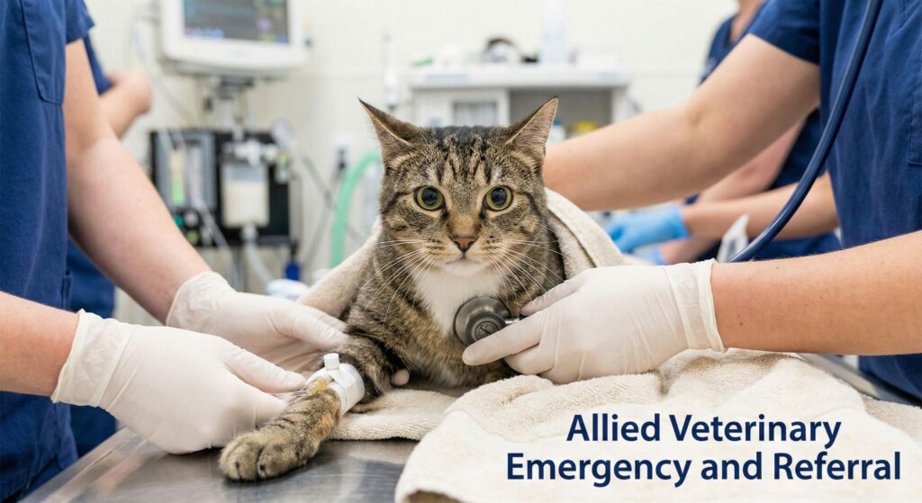 A cat receives urgent medical attention from a care team during an emergency exam at a veterinary clinic.