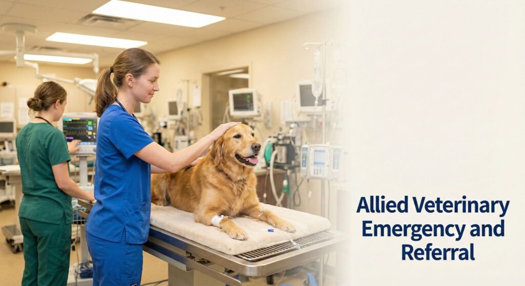 A calm dog rests on a treatment table as a vet provides reassurance while medical equipment monitors the dog’s condition.