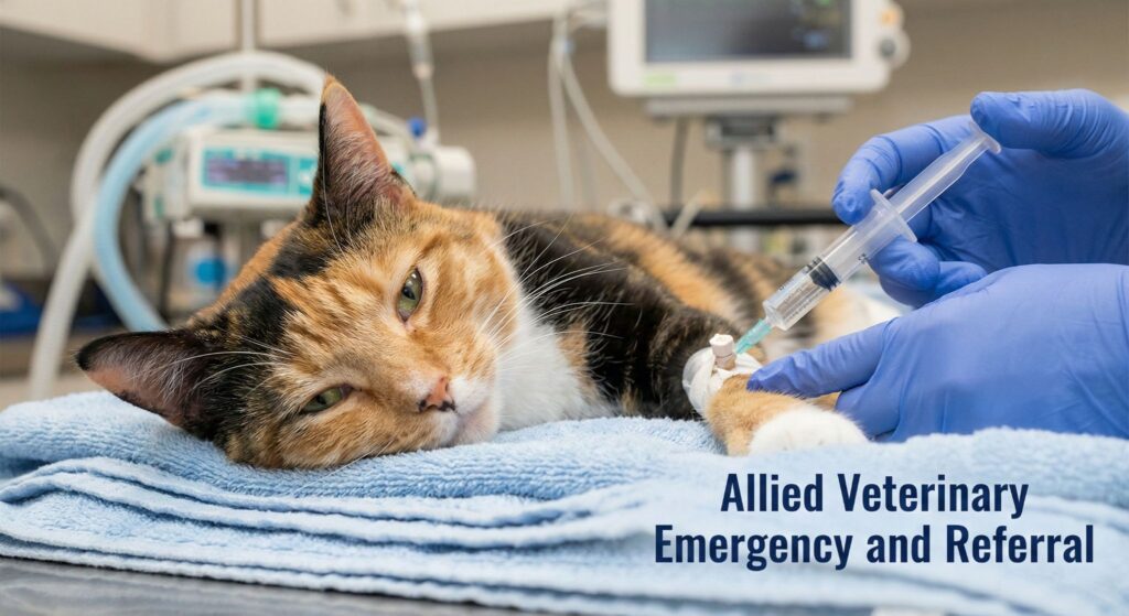 A cat receives gentle medical treatment while lying comfortably on an exam table in a critical care unit.