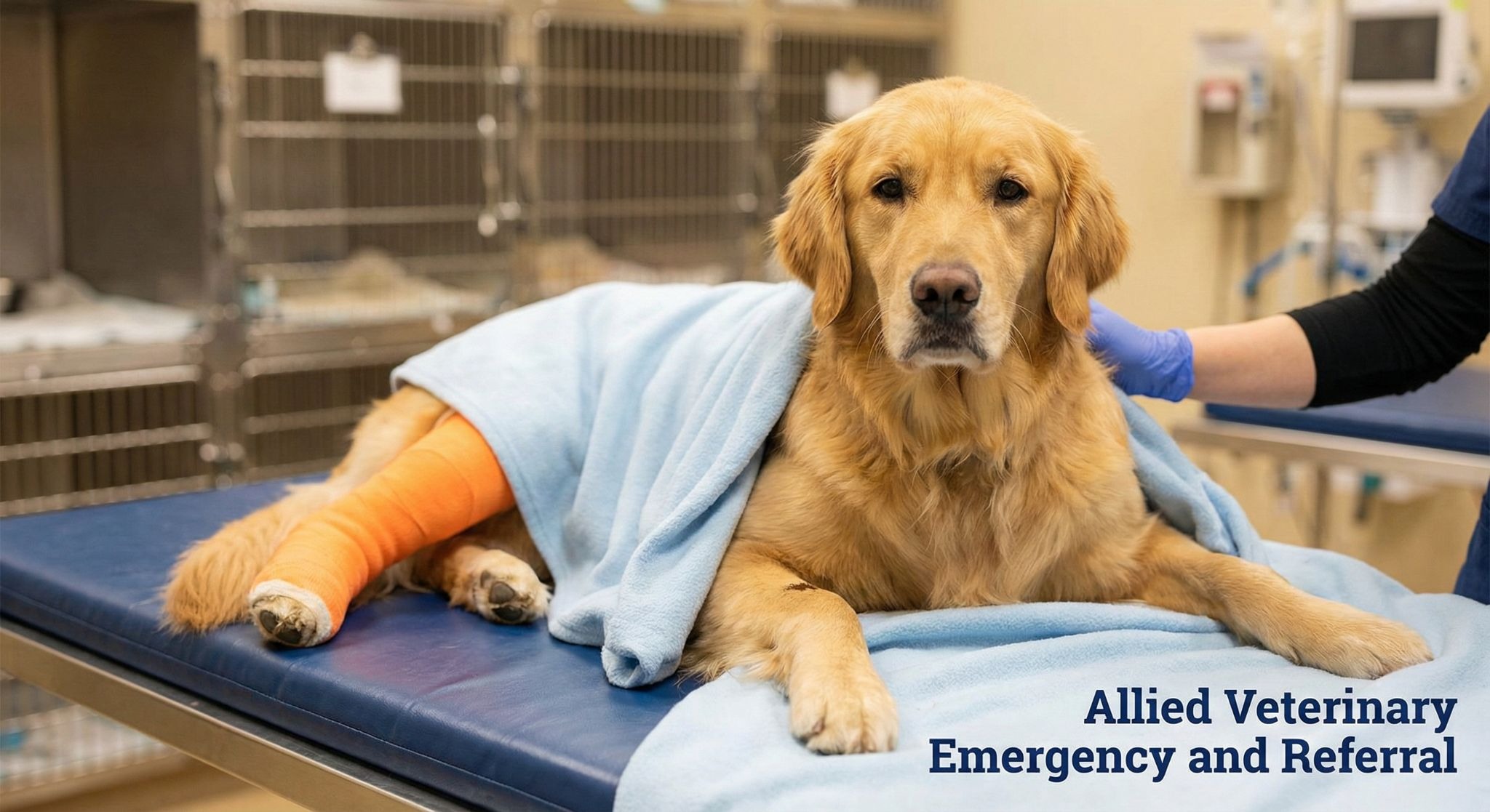 A dog rests on a treatment table with a bandaged leg, covered by a blanket while receiving attentive critical care.