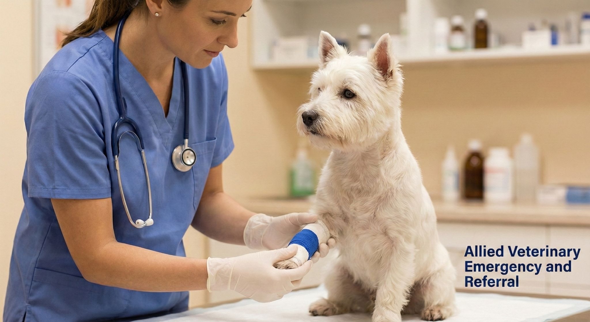 A veterinarian gently wraps a bandage around a small dog’s front paw, focusing on comfort and careful treatment in a clinical setting.