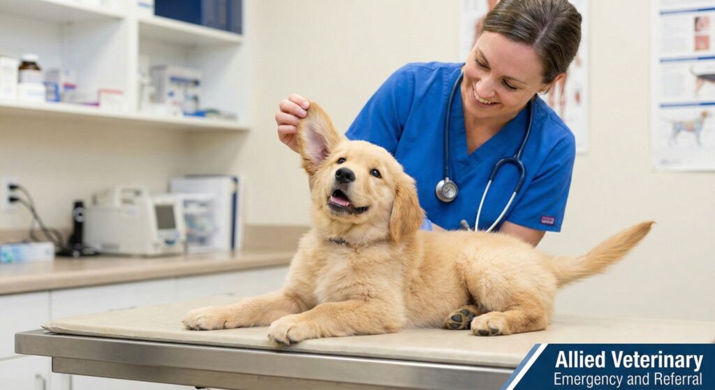 A vet smiles while gently examining a relaxed puppy on an exam table, highlighting a compassionate and collaborative approach to care.