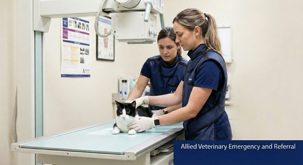 Two veterinary professionals gently position a cat for diagnostic imaging, emphasizing careful handling and collaborative medical care.