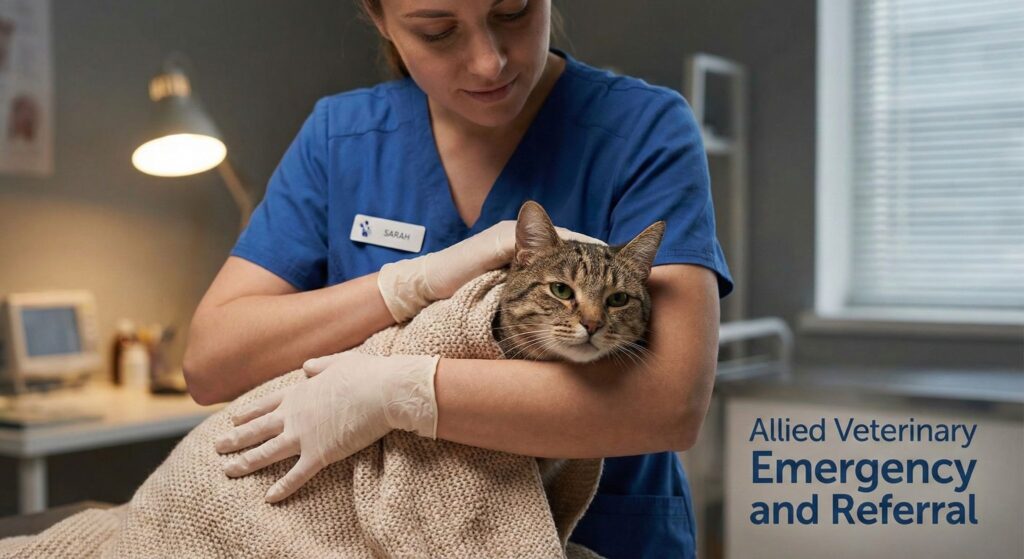 Veterinary professional gently holding a calm cat wrapped in a blanket on an exam table in a softly lit clinic.