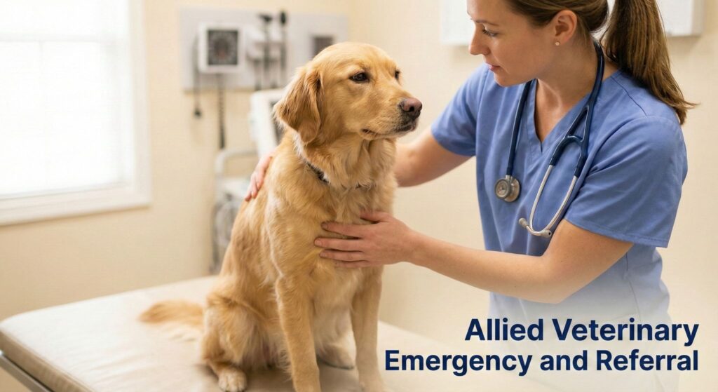 Veterinarian gently examining a calm dog during a chemotherapy follow-up visit in a veterinary clinic.