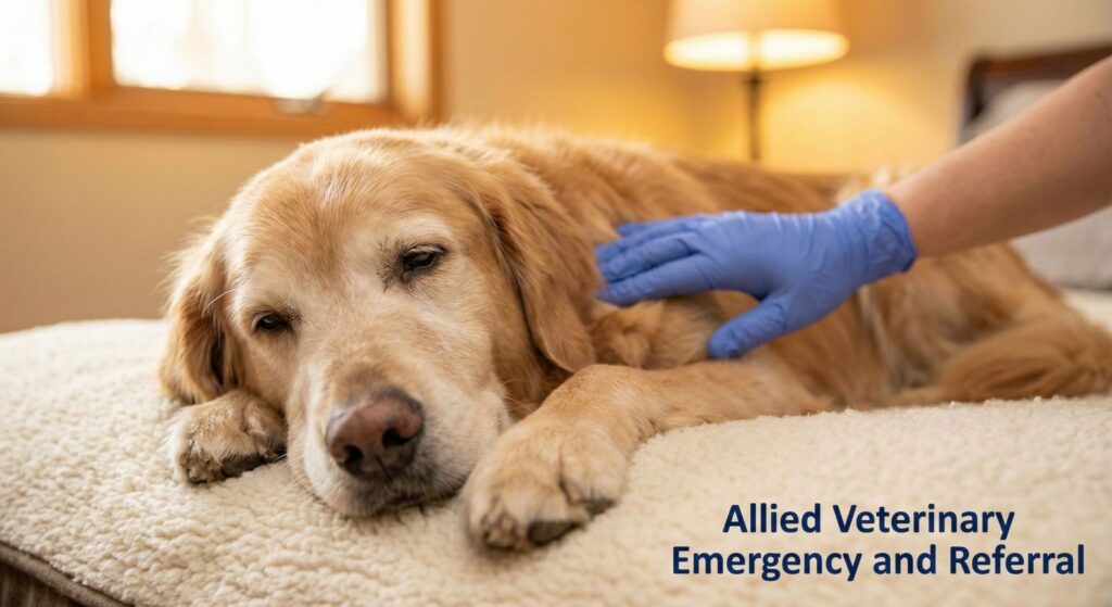 Veterinary professional gently comforting a resting dog during cancer treatment, prioritizing comfort and quality of life.