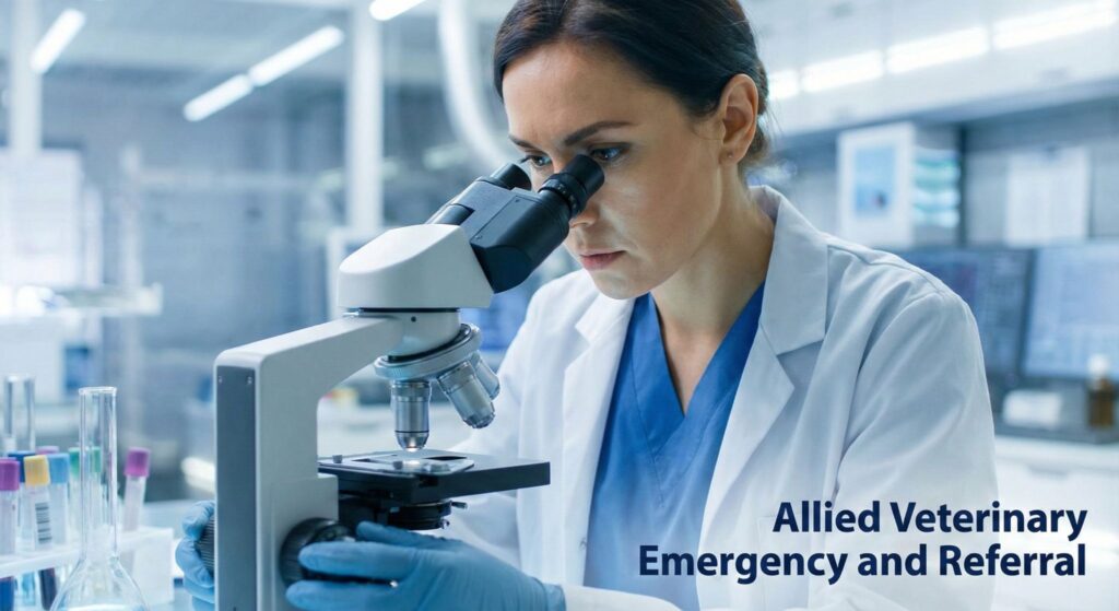 Veterinary professional examining a sample under a microscope as part of an initial diagnostic assessment.