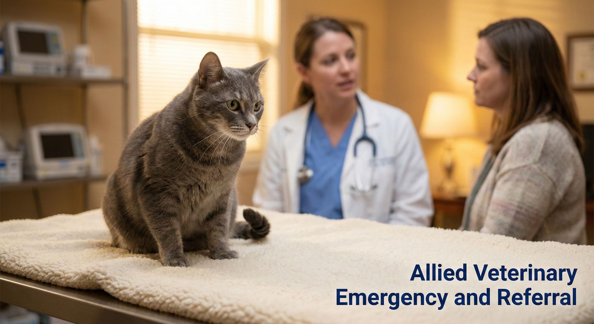 Cat sitting calmly on an exam table while a veterinarian speaks with the pet owner in a softly lit exam room.