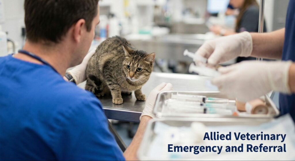 Veterinary team examining a cat on an exam table while preparing medications in an emergency care setting.