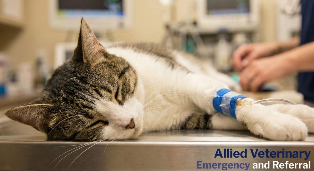 Cat resting on an exam table with an IV catheter while veterinary staff provide emergency medical care.