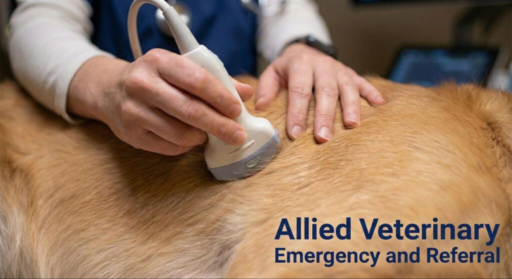 Veterinarian performing an ultrasound exam on a dog, using diagnostic imaging to assess internal health during advanced care.