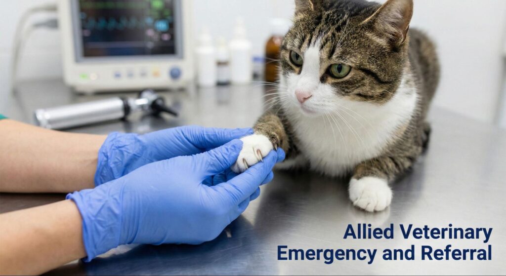 Veterinary staff gently examining a cat’s paw on an exam table during an emergency vet clinic visit.