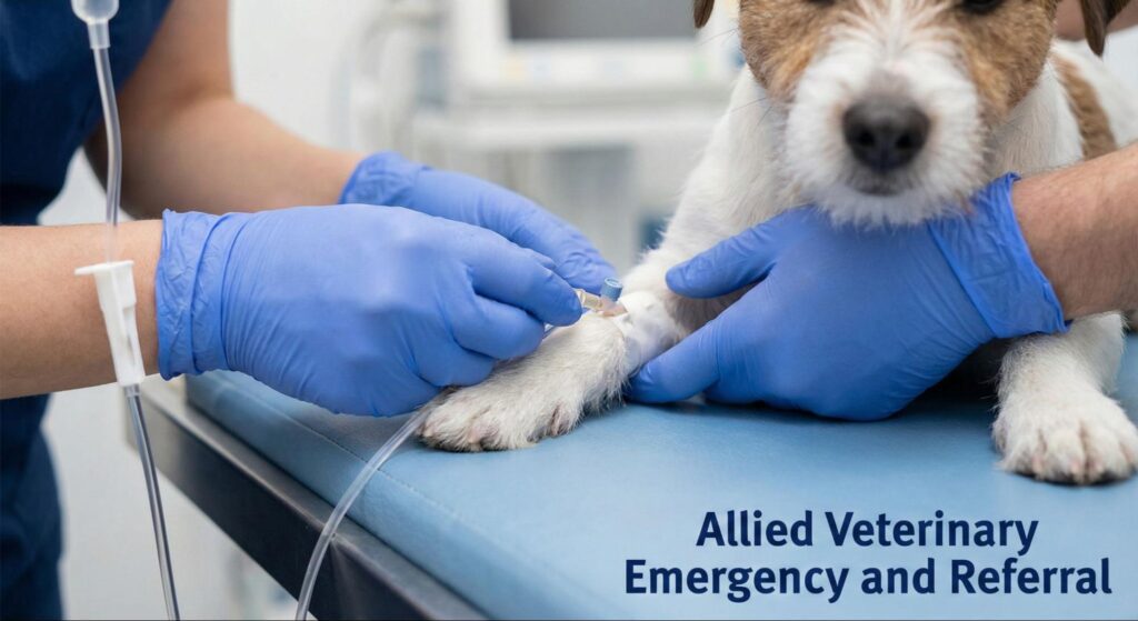 Veterinary staff placing an IV catheter in a dog’s paw to provide critical care treatment in a clinic.