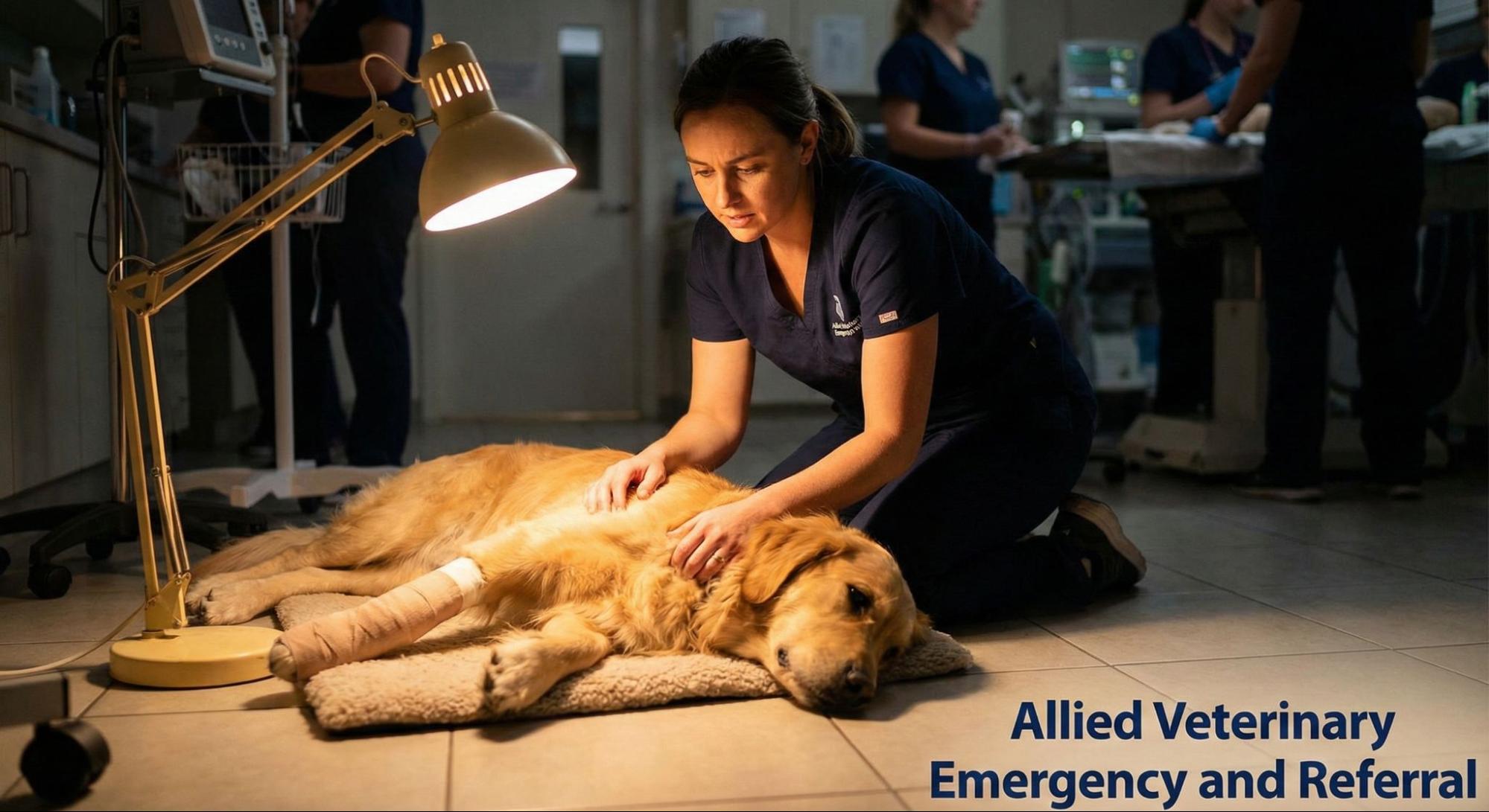 Veterinary staff providing emergency nighttime care to an injured dog in a clinic, illustrating urgent pet medical treatment after hours.