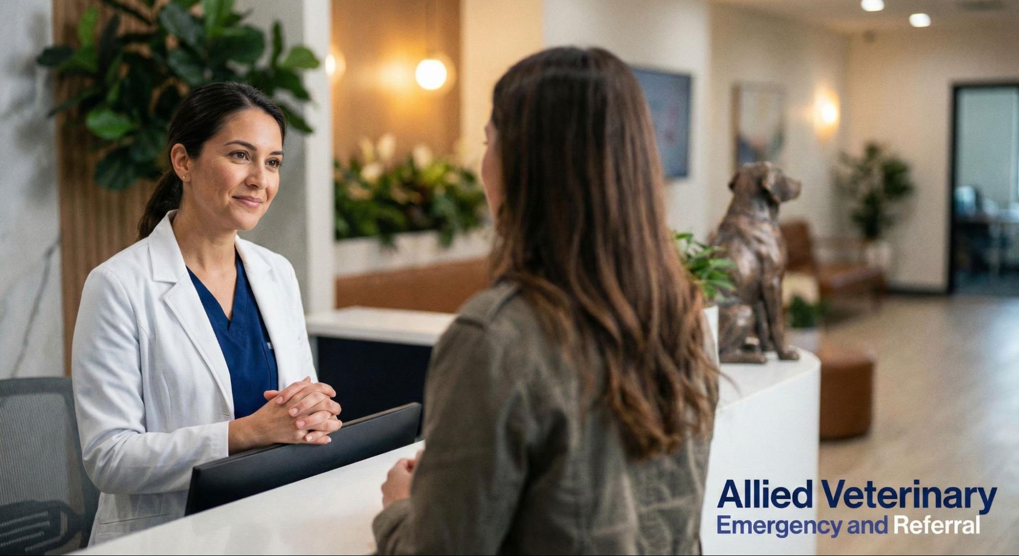 Veterinarian speaking with a pet owner at the reception desk of an emergency animal hospital.