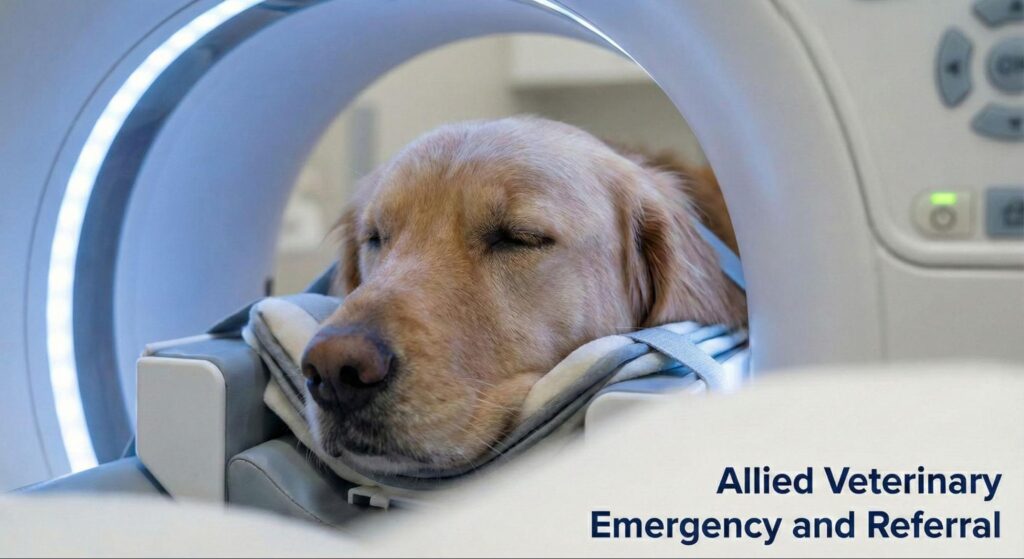 Dog positioned in a veterinary CT or MRI scanner with head supported, illustrating advanced diagnostic imaging by a specialist.